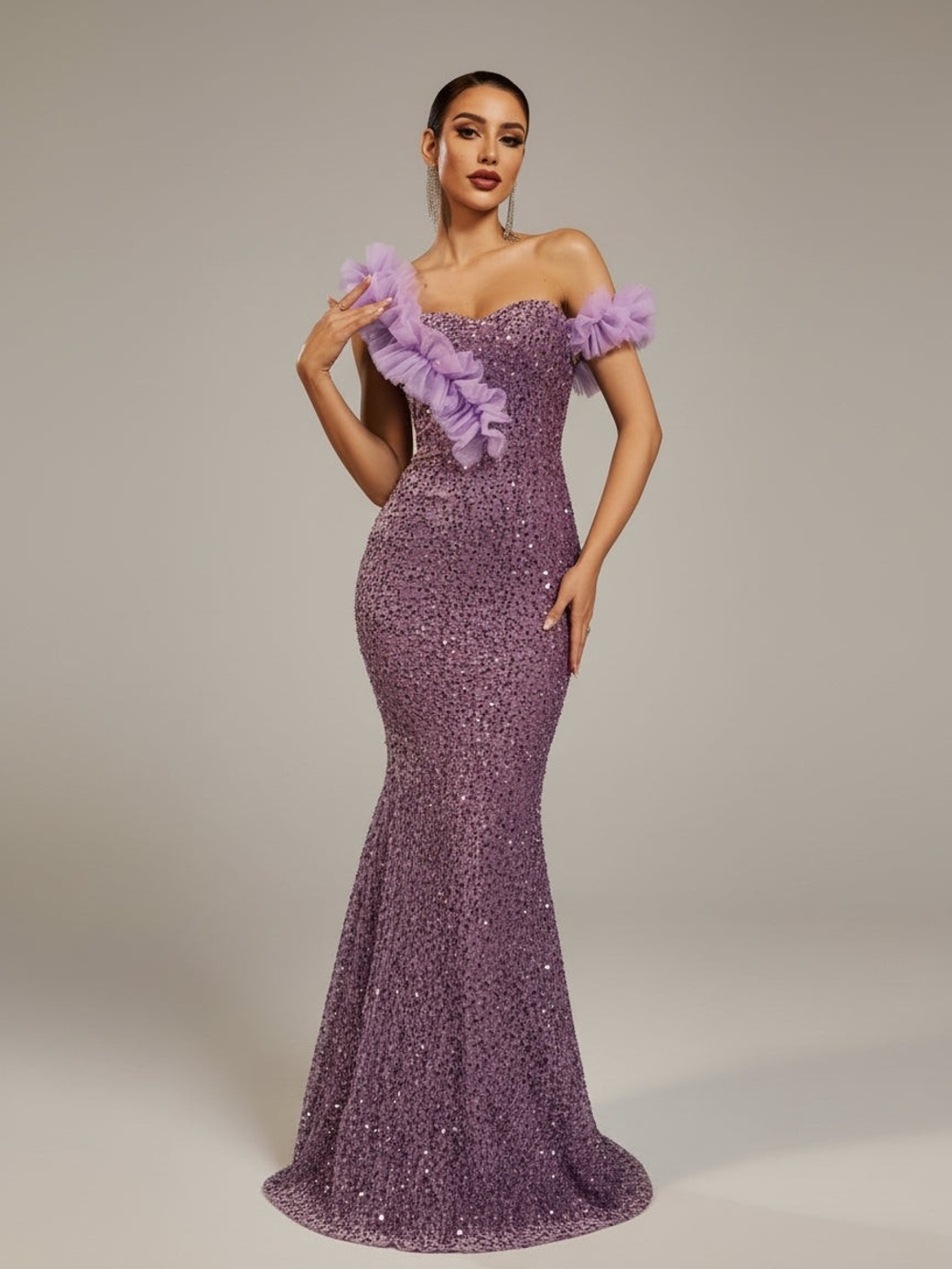 NWT Lavender Sequin Mermaid Gown Off Shoulder Tulle Ruffle Prom Dress 1XL